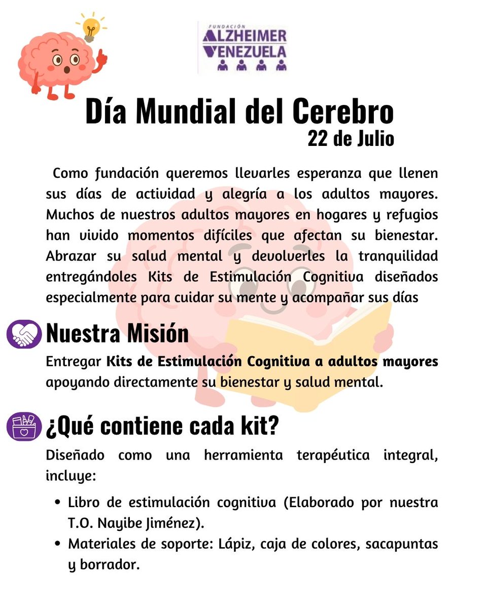 AlzheimerVzla's tweet photo. Desde la fundación alzheimer queremos apoyar a los adultos mayores en casas hogares y refugios, con los Kits de estimulación cognitiva, cada aporte suma, más info 04242234199 https://t.co/l5HWrfAMIQ
