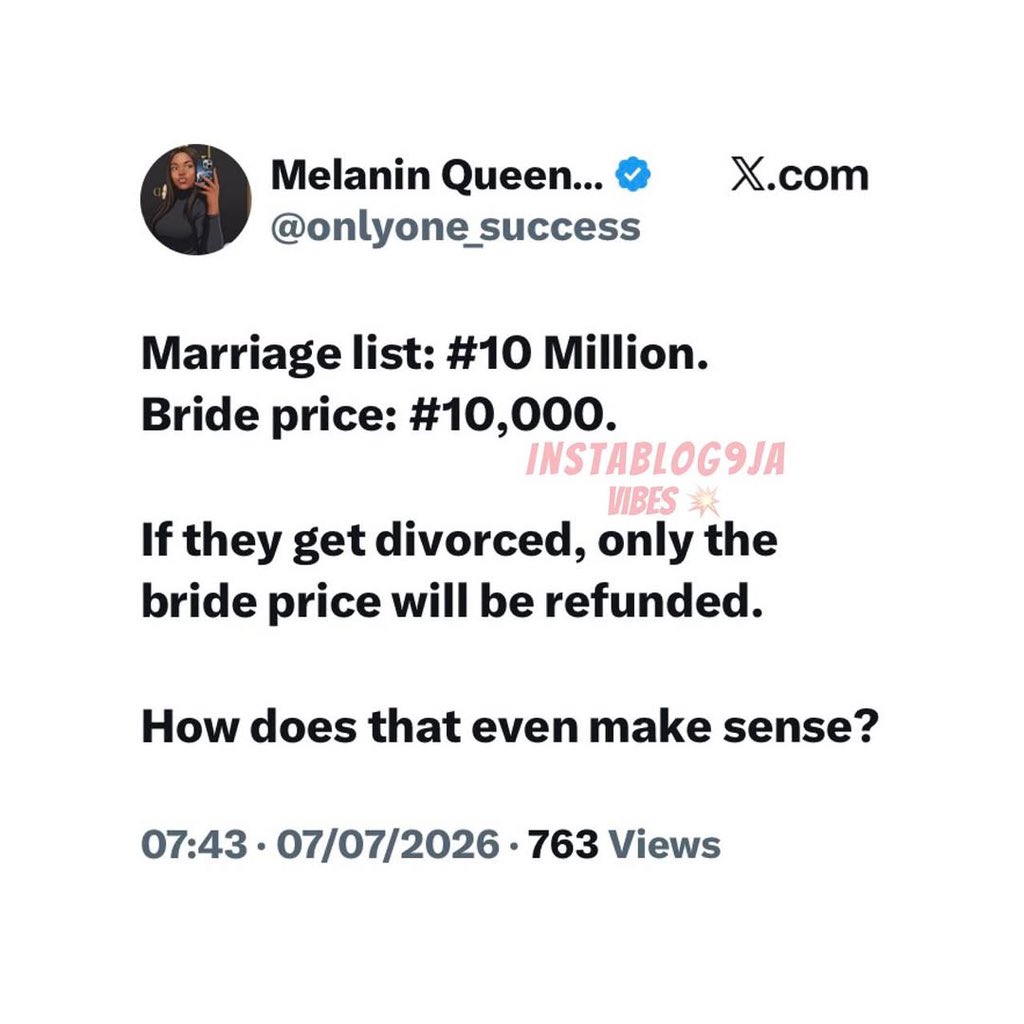 instablog9ja's tweet photo. Netizen questions the fairness of marriage refunds after divorce, should only the bride price be returned despite the huge wedding expenses, or what’s your take? 💍💸🤔 https://t.co/upqAvWCLW5
