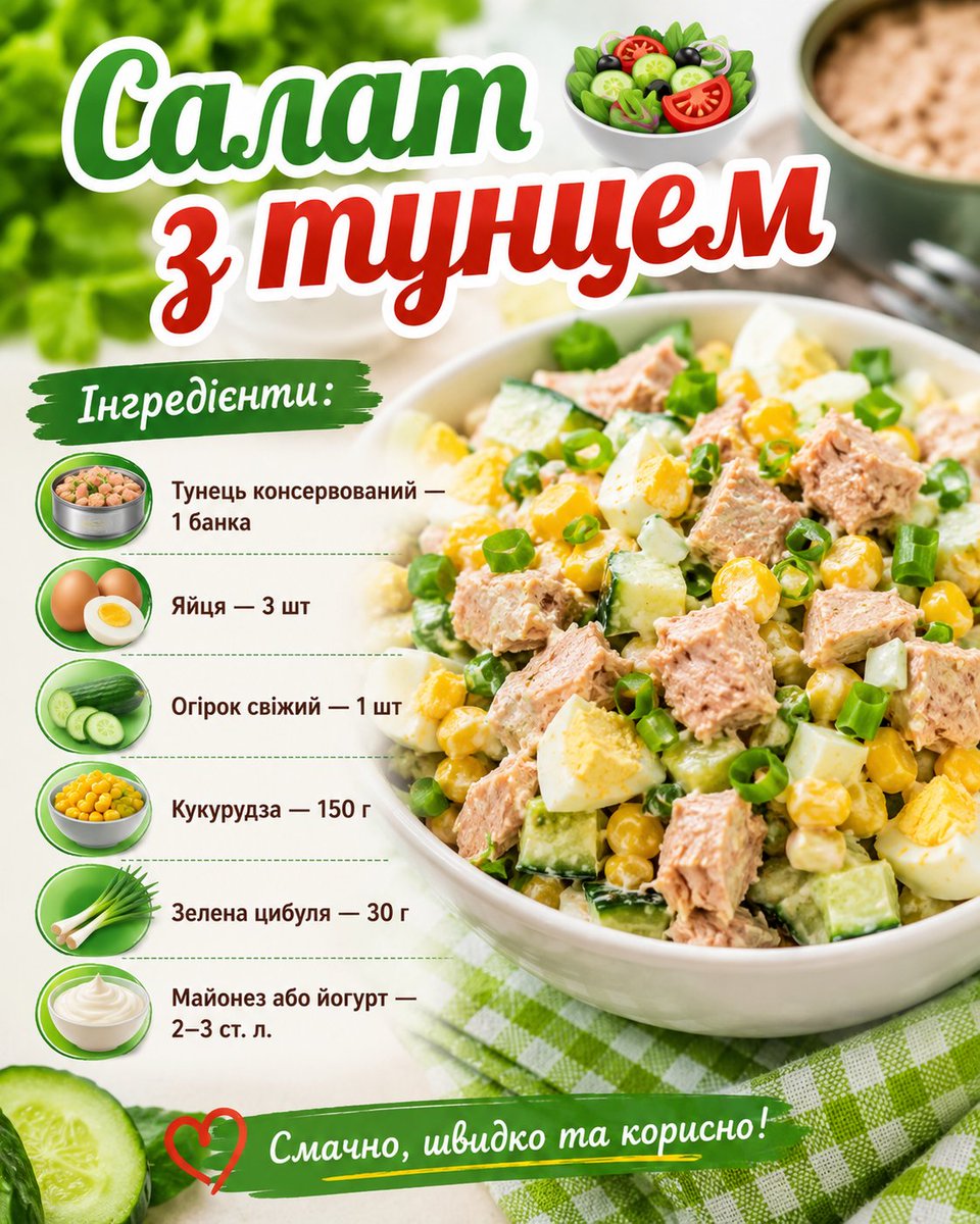 fcvomond's tweet photo. 🥗 Салат з тунцем
Приготування:
Яйця відваріть і наріжте.
Огірок та зелену цибулю подрібніть.
Додайте тунець і кукурудзу.
Заправте майонезом або йогуртом та перемішайте.
❤️ Збережіть рецепт, щоб не загубити
🔁 Поділіться з друзями
#салатзтунцем #салат #смачнорецепти #швидкорецепт https://t.co/mQdFLn6Wdx