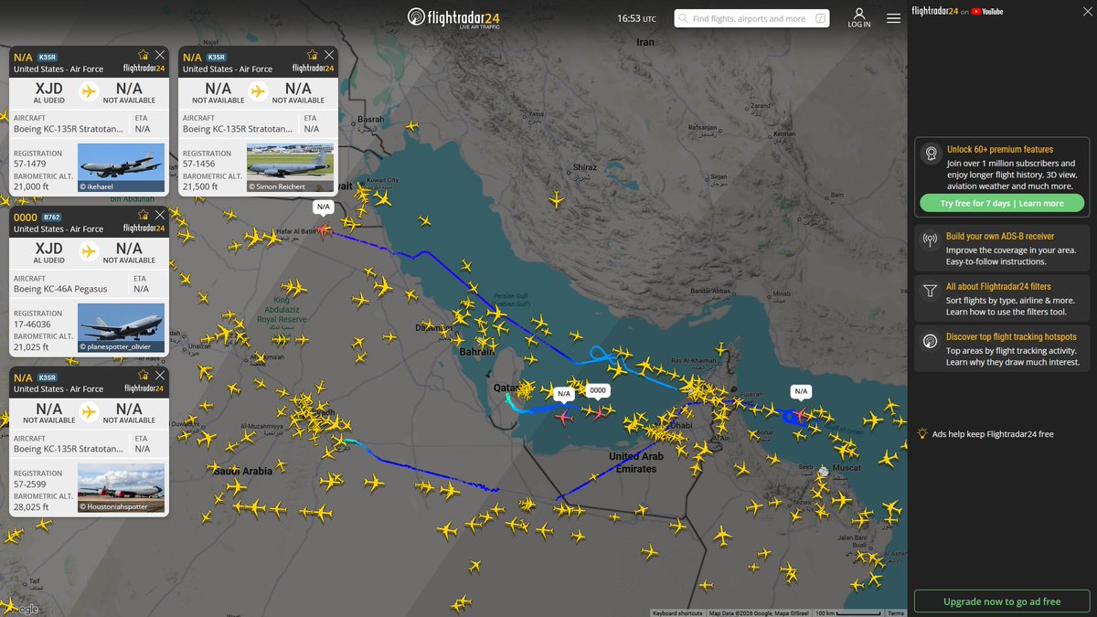 AIYeyENGDdJkjTr's tweet photo. July 9, 2026
#Ben Gurion ==> #Persian Gulf
#NoCALLSIGN #AE0474 USAF KC-135R Stratotanker
#Al-Udeid Air Base ==> #Persian Gulf
#NoCALLSIGN #AE0160 USAF KC-135R Stratotanker
#0000 #AE5E11 USAF KC-46A Pegasus
#Prince Sultan Air Base ==> #Gulf of Oman
#NoCALLSIGN #AE0156 USAF KC-135R Stratotanker