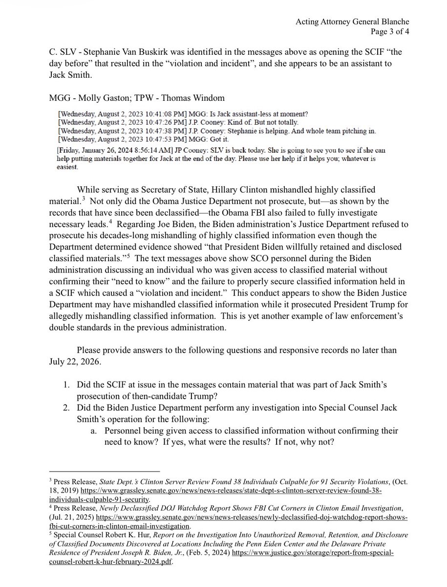 seanmdav's tweet photo. BREAKING: Anti-Trump prosecutor Jack Smith and his team repeatedly compromised classified information and national security during their jihad against Trump, an investigation by Sen. Chuck Grassley has determined. https://t.co/7qUP2dWFUJ