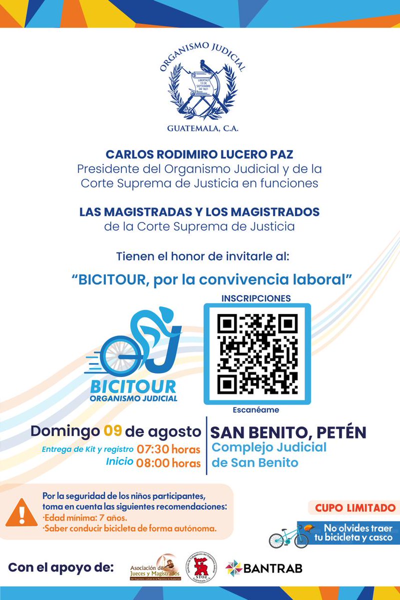 OJGuatemala's tweet photo. #BicitourOJ 🚴🏻‍♀️ Carlos Rodimiro Lucero Paz, Presidente del Organismo Judicial y de la Corte Suprema de Justicia en funciones, las Magistradas y los Magistrados de la CSJ tienen el honor de invitarle al:

"BICITOUR, por la convivencia laboral" 🚴🏻‍♂️ sede:

📍Petén - Complejo Judicial de San Benito
📆 09 de Agosto
🕖 07:30 horas - Entrega de kit y registro
🕖 08:00 horas - Inicio
*Cupo limitado

#OJ #CSJ #ConvivenciaLaboral #Petén