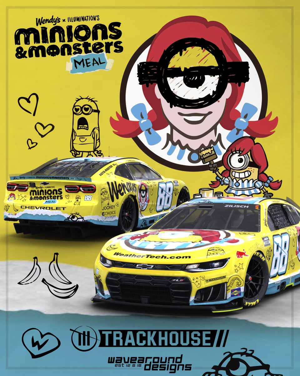 wavearounddsgns's tweet photo. Been a rough year for the rookie, maybe the Minions can bring him some extra luck? What do you say @Wendys 🤔

@ConnorZilisch @Wendys @Minions @TeamTrackhouse 

#NASCAR #ConnorZilisch #TeamTrackhouse https://t.co/MLGcBm3Nrn