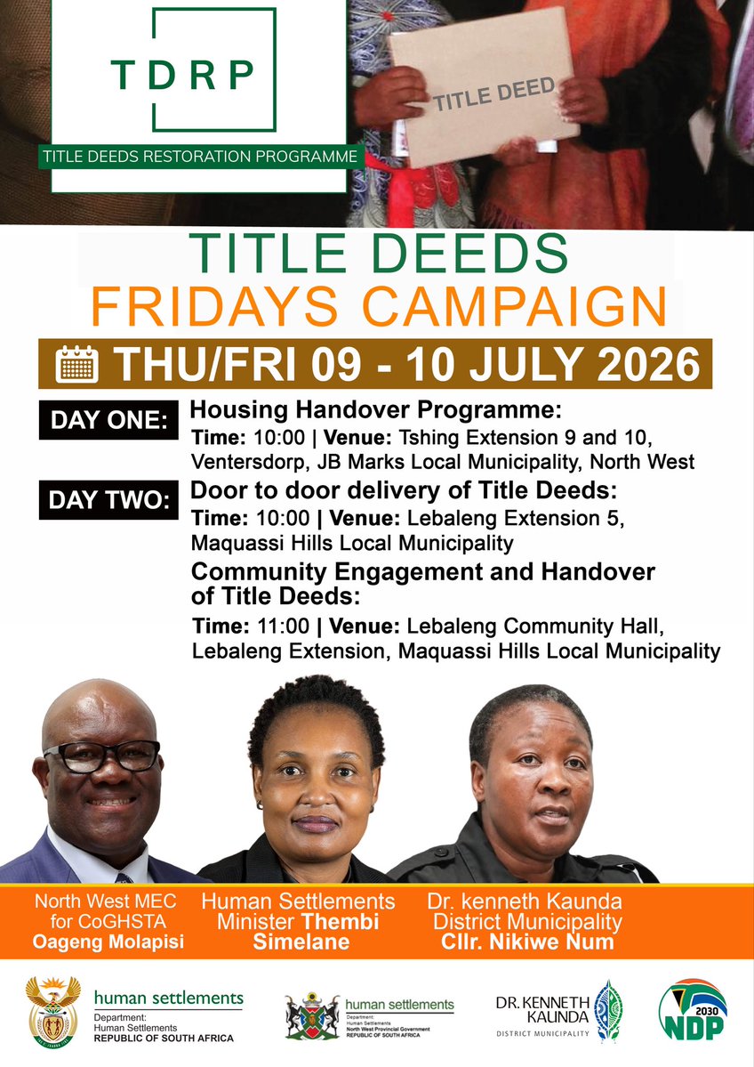 ThembiSim73's tweet photo. Happening Tomorrow 📍🇿🇦

Minister Simelane and MEC Molapisi to handover houses and title deeds to qualifying beneficiaries in the North West Province
#HousiingTheNation  #ServiceDeliveryZA https://t.co/ppqHG4j9Tb