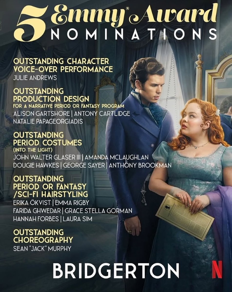 PolinCrave's tweet photo. Congratulations to Julie Andrews on her nomination for Outstanding Character Voice-Over Performance at the 2026 Emmy Awards for her role as Lady Whistledown! 📜

Bridgerton Season 3 remains the second most-nominated season of the series at the Emmy Awards, with a total of five nominations: Outstanding Production Design for a Narrative Period or Fantasy Program (One Hour or More), Outstanding Choreography for Scripted Programming, Outstanding Character Voice-Over Performance, Outstanding Period or Fantasy/Sci-Fi Hairstyling, and Outstanding Period Costumes.

It is also the most awarded season in the show's history, earning three Emmy wins. Season 3 marked Bridgerton's first victories in Outstanding Period Costumes and Outstanding Character Voice-Over Performance. Seasons 1, 2, 3 along with Queen Charlotte, have each won one Emmy in Outstanding Period or Fantasy/Sci-Fi Hairstyling.