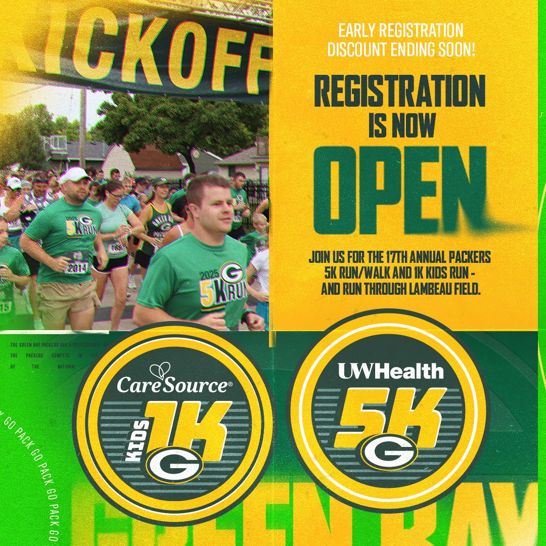 LambeauField's tweet photo. Sign up TODAY for the 1K Kids Run or 5K Run/Walk on July 24-25 ‼️ Prices increase tomorrow ⤵️ https://t.co/p7EgiCeQ6N