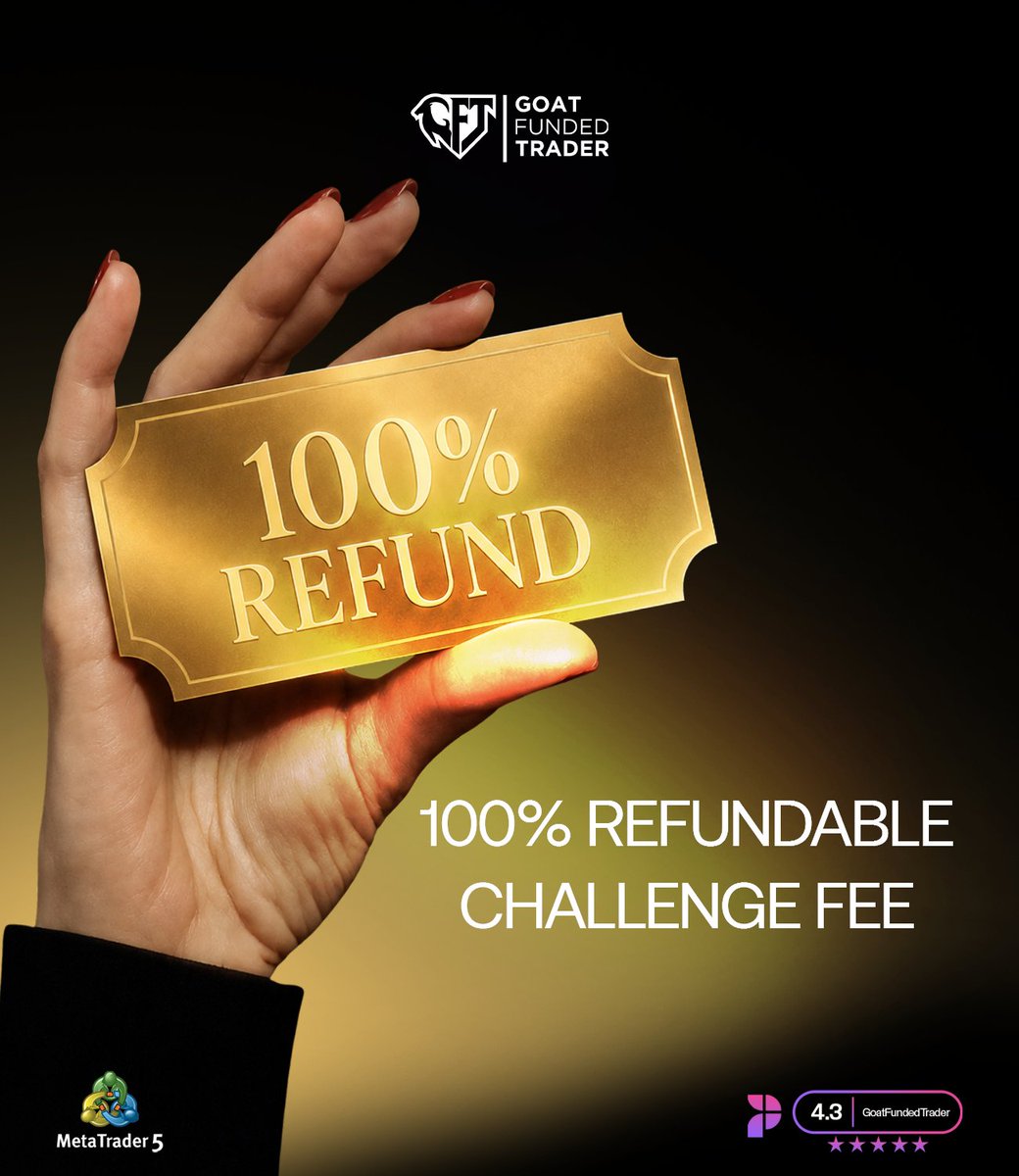 GoatFunded's tweet photo. With Goat Funded Trader, your challenge fee is 100% refundable.

Pass your evaluation, receive your first reward, and we'll refund your fee.

Trade with confidence.

We'll invest in your success too. 🐐 https://t.co/lzKWD6pfIo