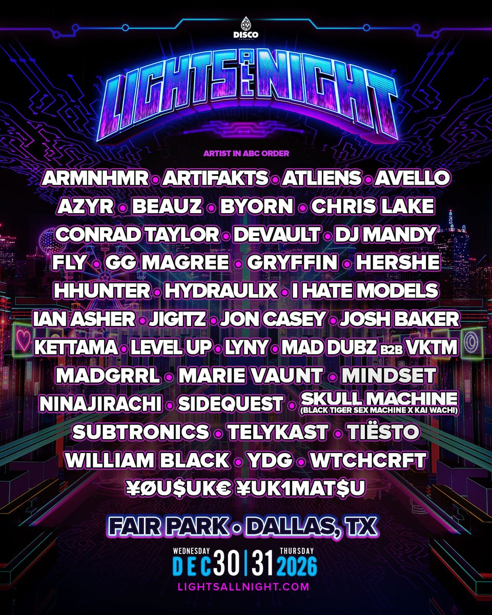 LightsAllNight's tweet photo. Celebrating 16 years of lighting up Dallas, we're excited to reveal your Lights All Night 2026 lineup! 🌟🪩

For the first time since 2012, Lights All Night returns to Fair Park, Dallas this December 30 & 31, where unforgettable memories meet a new era. Get ready to dance beneath the lights and ring in the New Year at Dallas' brightest celebration of the future. 🎉

Tickets go on sale Thursday, July 9 at 10 AM CT. Sign up for an on-sale reminder for your chance to win 4 backstage passes → https://t.co/Z60yWhxJ7t 🕺

Who's got you counting down already? 🎆
