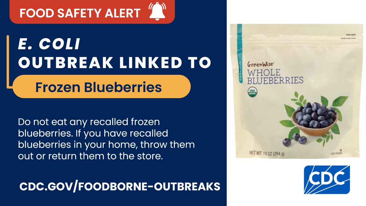 foodsafetygov's tweet photo. E. coli Outbreak: 12 people sick in 2 states with 4 hospitalizations.

Do not eat recalled Frozen GreenWise Organic IQF Blueberries with best by date Feb 9, 2028.

See the notice for full details: https://t.co/WGVUNCJwzV https://t.co/7rKNZx6VgT