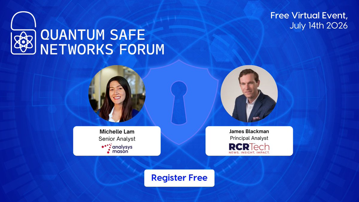 rcrwirelessnews's tweet photo. How close are we to the quantum era, and what does it mean for telecom?

Join this analyst briefing at the Quantum Safe Networks Forum and discover what organizations need to know about quantum-safe networking and the future of telecom security.

Speakers:
• Michelle Lam, Senior Analyst, @AnalysysMason
• Sean Kinney, Principal Analyst, RCRTech

📅 Free Virtual Event | July 14th
➡️ Be part of the conversation and register today! https://t.co/IiAA1zKbK3