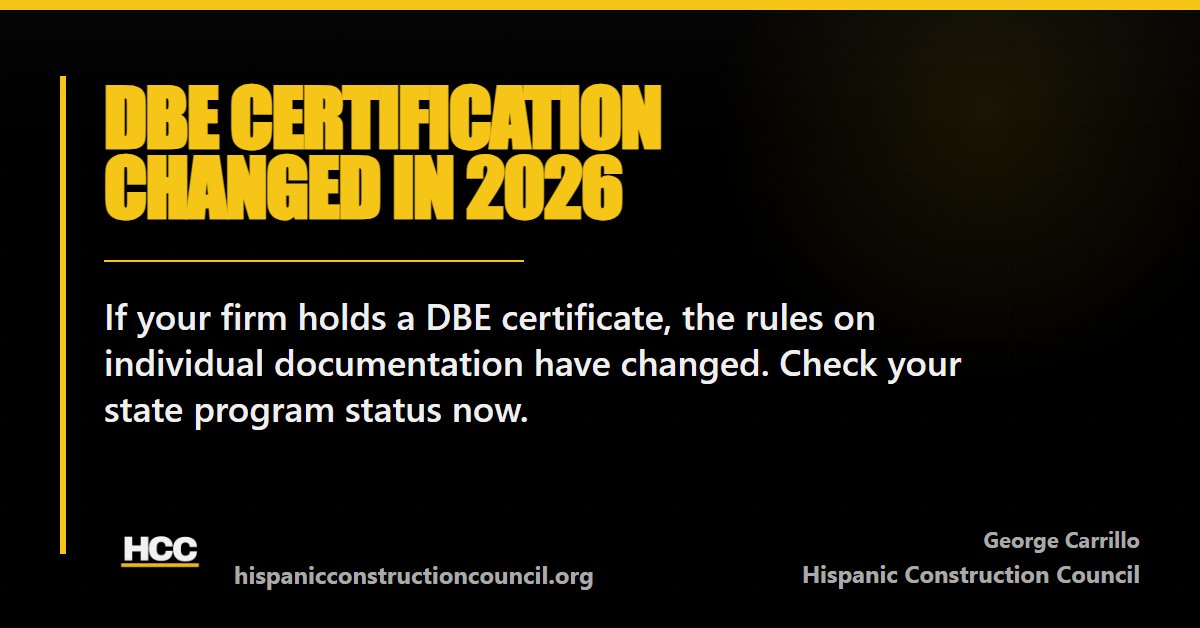 gcarrillo_405's tweet photo. DBE certification rules changed in October 2025. California's entire DBE roster entered reevaluation March 2026. Goals are suspended on active contracts during reevaluation. If you hold a DBE cert, check your state program status now. (U.S. DOT, 2025) https://t.co/TQqfUf9664