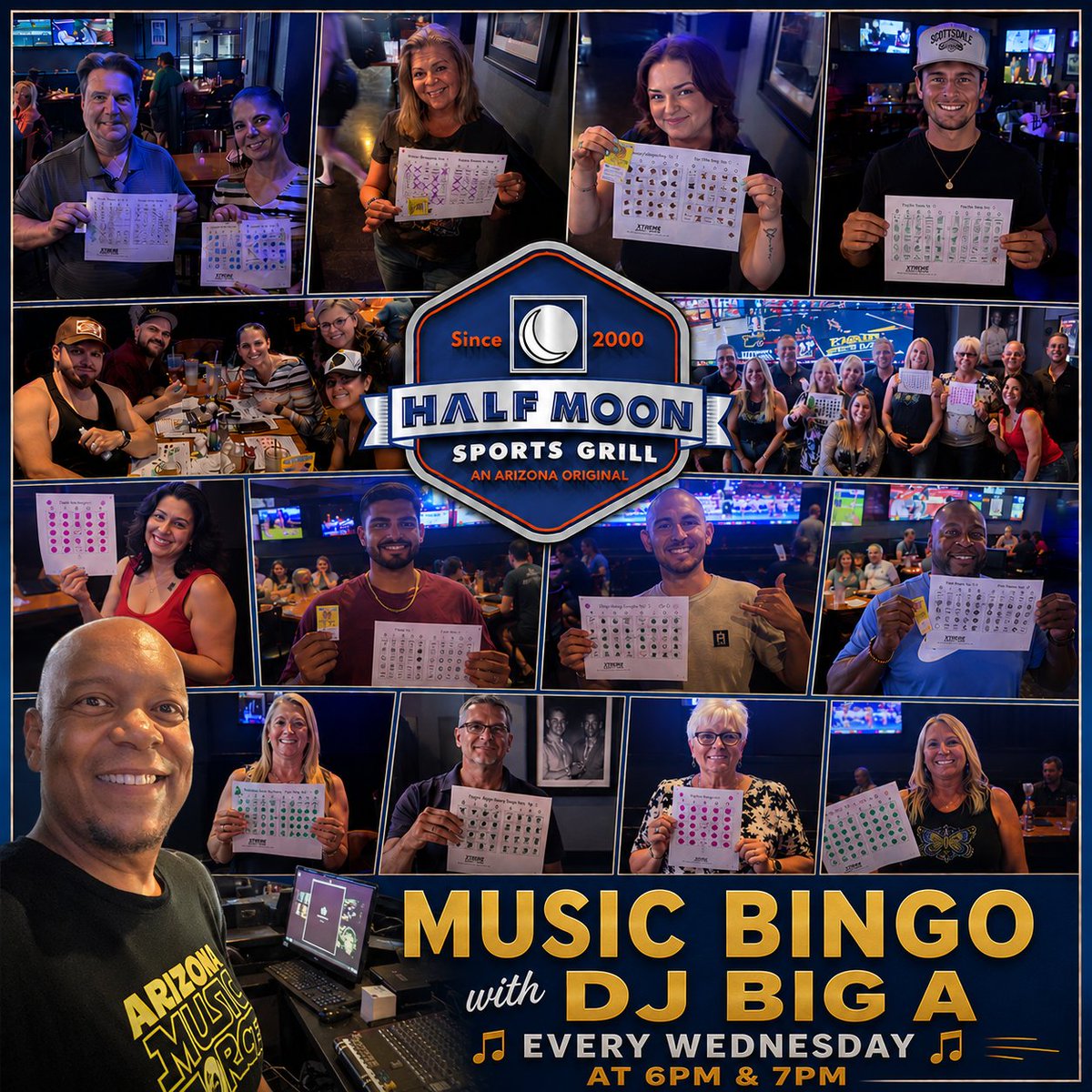 HalfMoonAZ's tweet photo. Who's gonna win this week at the Moon? Join us for Music Bingo with DJ Big A from 6pm-8pm, sing along, test your music memory, and compete for prizes with friends. Free to play with 3 winners each round! #HalfMoonSportsGrill #MusicBingo https://t.co/qLkEKFPdIX