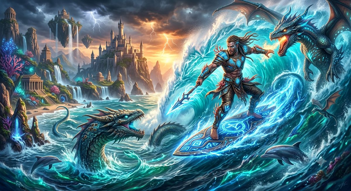 surfreportbr's tweet photo. No reino onde o mar encontra a magia, a prancha é uma arma, a onda é o caminho e a coragem é a única força capaz de enfrentar as criaturas do oceano. 🌊⚔️🐲
#Surf #SurfReport #Fantasy #SurfArt #Dragon #EpicFantasy #OceanLovers #Wave #DigitalIllustration #SurfCulture https://t.co/FYzryNIf5T