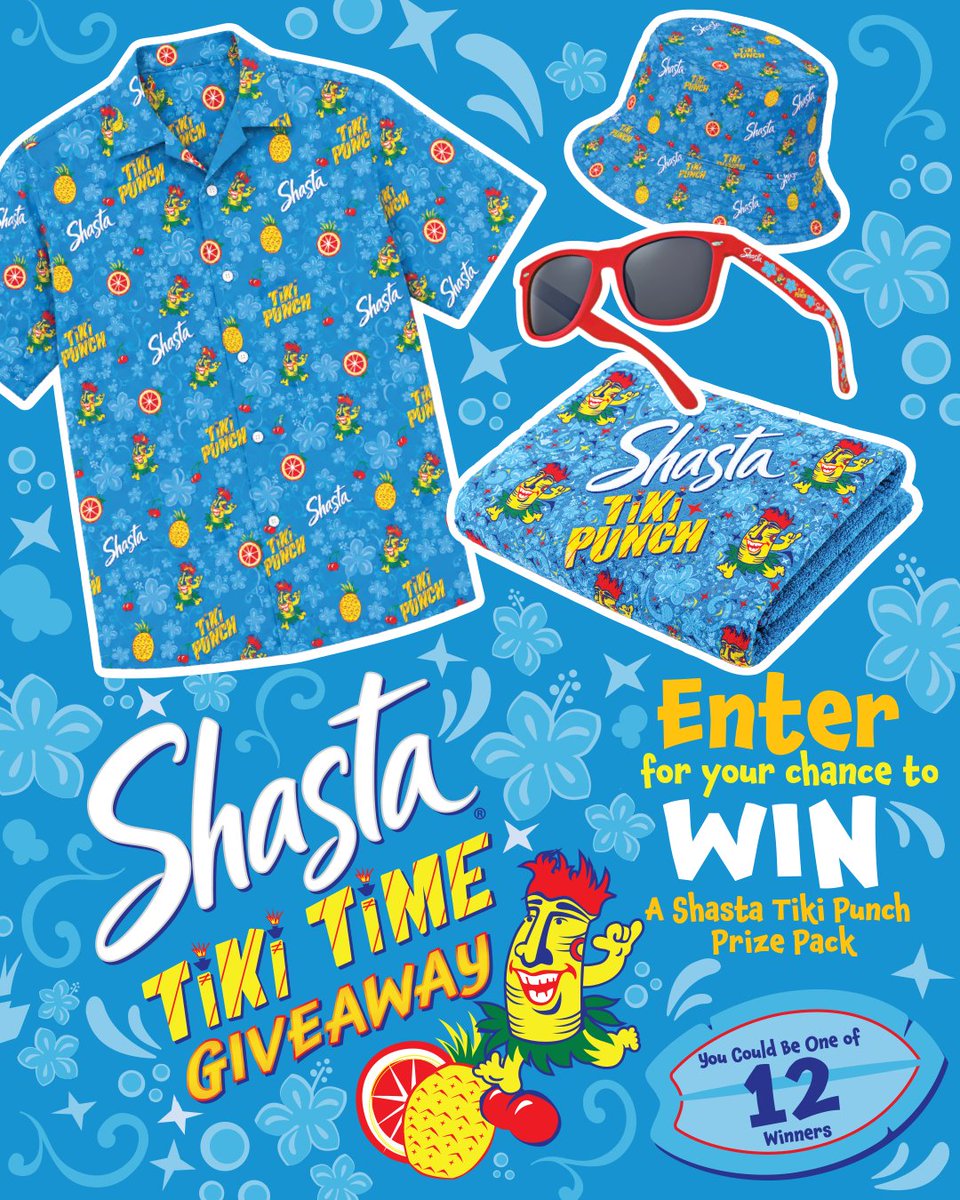 ShastaSodas's tweet photo. 🌴 GIVEAWAY! 🌴 Enter for your chance to WIN a Shasta Tiki Punch shirt, bucket hat, sunglasses and towel! ⁠
⁠
You could be one of TWELVE lucky winners, so ENTER DAILY through July 31st for more chances to WIN! → https://t.co/CRkMye44Yx  #win #giveaway #tikitime https://t.co/IDSdaiMbI7
