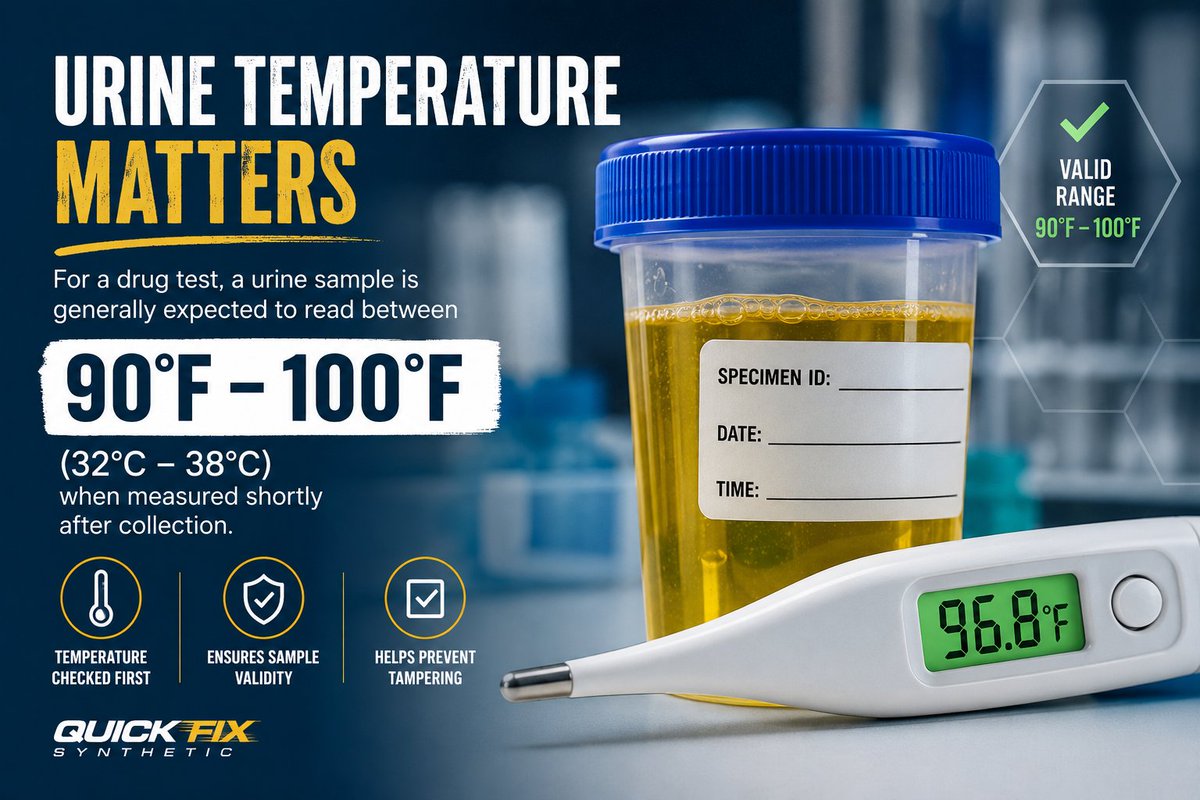Quickfixpee's tweet photo. 🌡️ What temperature should a urine sample be for a drug test?

One of the first things collectors check is specimen temperature. A fresh urine sample is generally expected to read between 90°F and 100°F (32°C to 38°C) when measured shortly after collection, making temperature an important specimen validity check.

Want to learn why temperature matters, how it's measured, and what happens if a sample falls outside the accepted range?

📖 Read our latest guide:
https://t.co/R5pmWEQZk4

#DrugTesting #UrineTesting #LabTesting #SpecimenValidity #WorkplaceTesting #QuickFix
