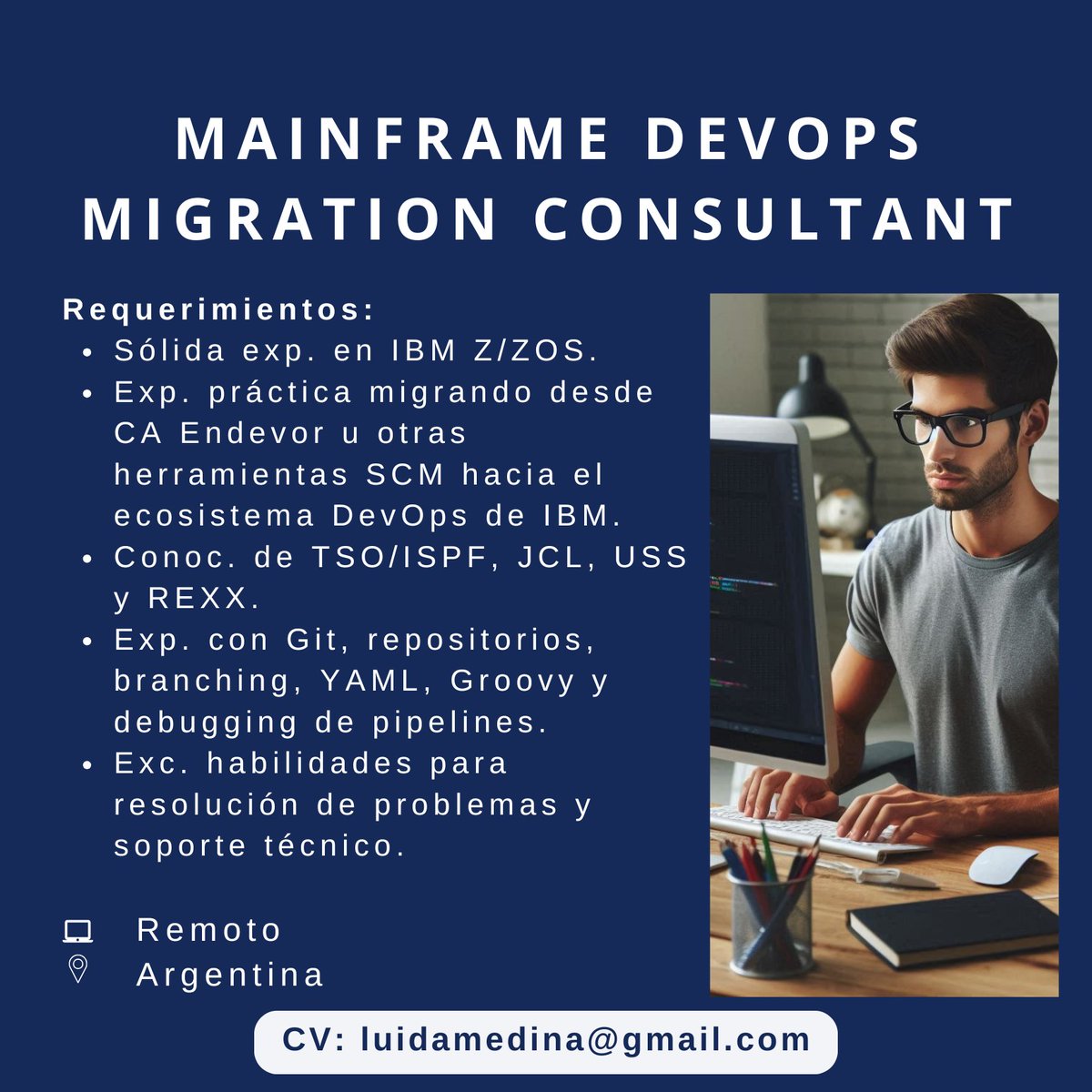 Luida_Medina's tweet photo. 📢 Oportunidad Laboral | #Argentina
¿Tenés experiencia en entornos IBM Z / zOS y participaste en proyectos de migración DevOps? ¡Esta oportunidad puede ser para vos!
#Mainframe #IBMZ #zOS #DevOps #Git #CAEndevor #IBMDBB #IBMDevOps #IDz #Migration #TechJobs https://t.co/dYrXI6aTut