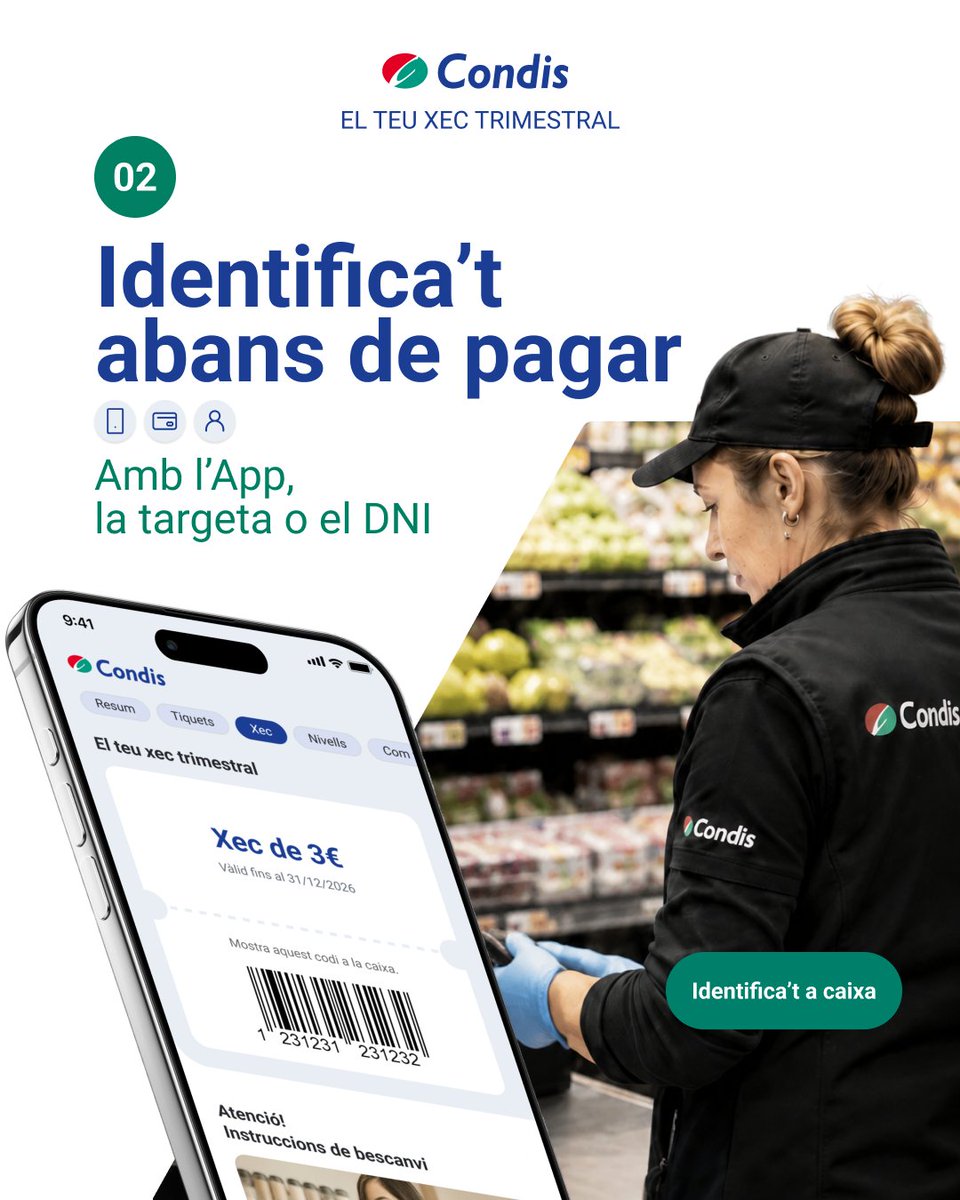 Condislife's tweet photo. Amb Condis, cada compra suma!🙌🏼 Ja coneixes la novetat de la nostra App Condis Family?
☝🏼 És molt fàcil: descarrega-te-la, identifica’t abans de pagar i acumula punts amb cada compra.🛍️ https://t.co/lrbINWnwG7