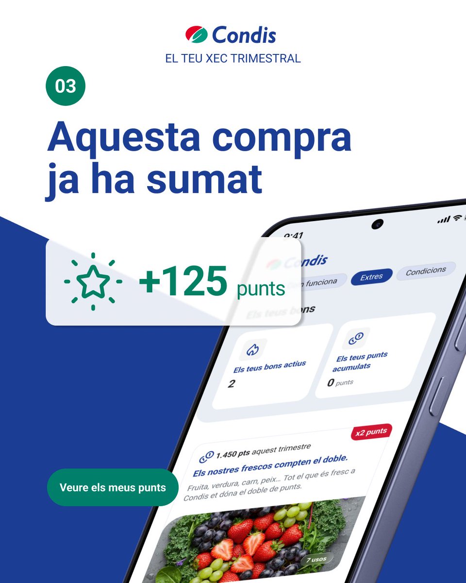 Condislife's tweet photo. Amb Condis, cada compra suma!🙌🏼 Ja coneixes la novetat de la nostra App Condis Family?
☝🏼 És molt fàcil: descarrega-te-la, identifica’t abans de pagar i acumula punts amb cada compra.🛍️ https://t.co/lrbINWnwG7