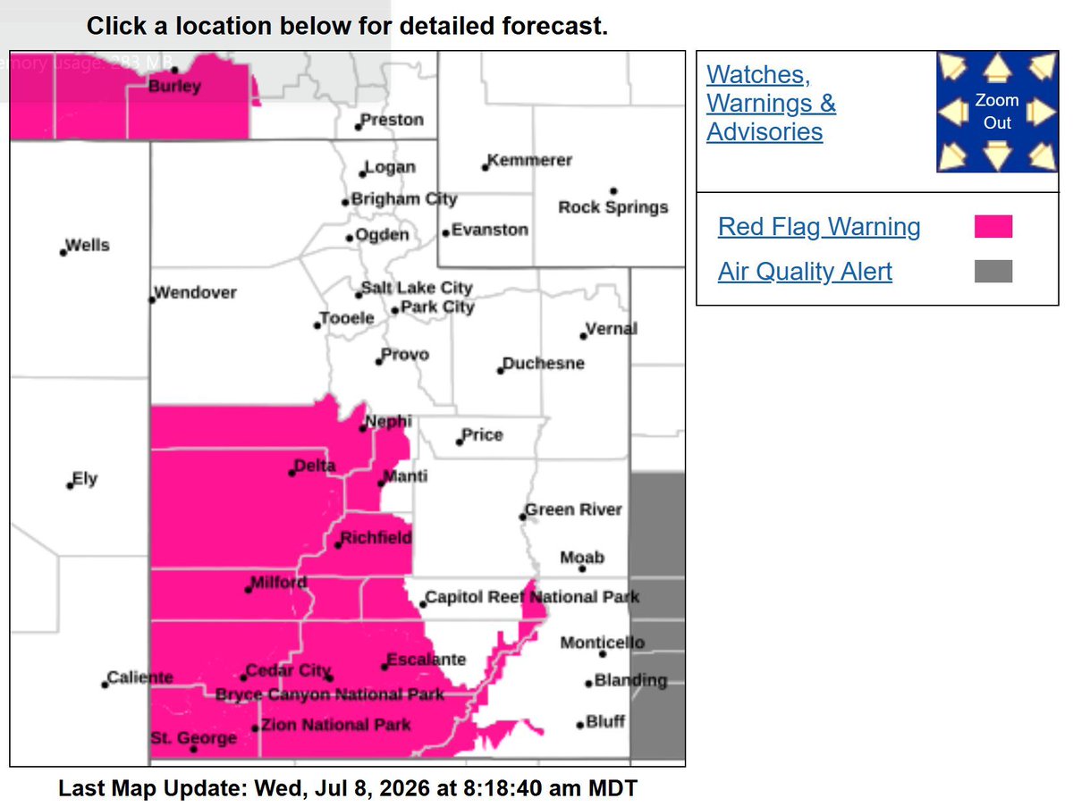 UtahWildfire's tweet photo. ๐ฉ Red Flag Warning: Noonโ9 PM MDT Wednesday for parts of central & southern Utah, including Beaver, Garfield, Iron, Kane, Millard, Piute, Sanpete, Sevier, Washington & Wayne counties. Hot, dry, windy conditions mean fires can spread fast. Avoid sparks. #FireSense #UTFire https://t.co/YlKedUk66k