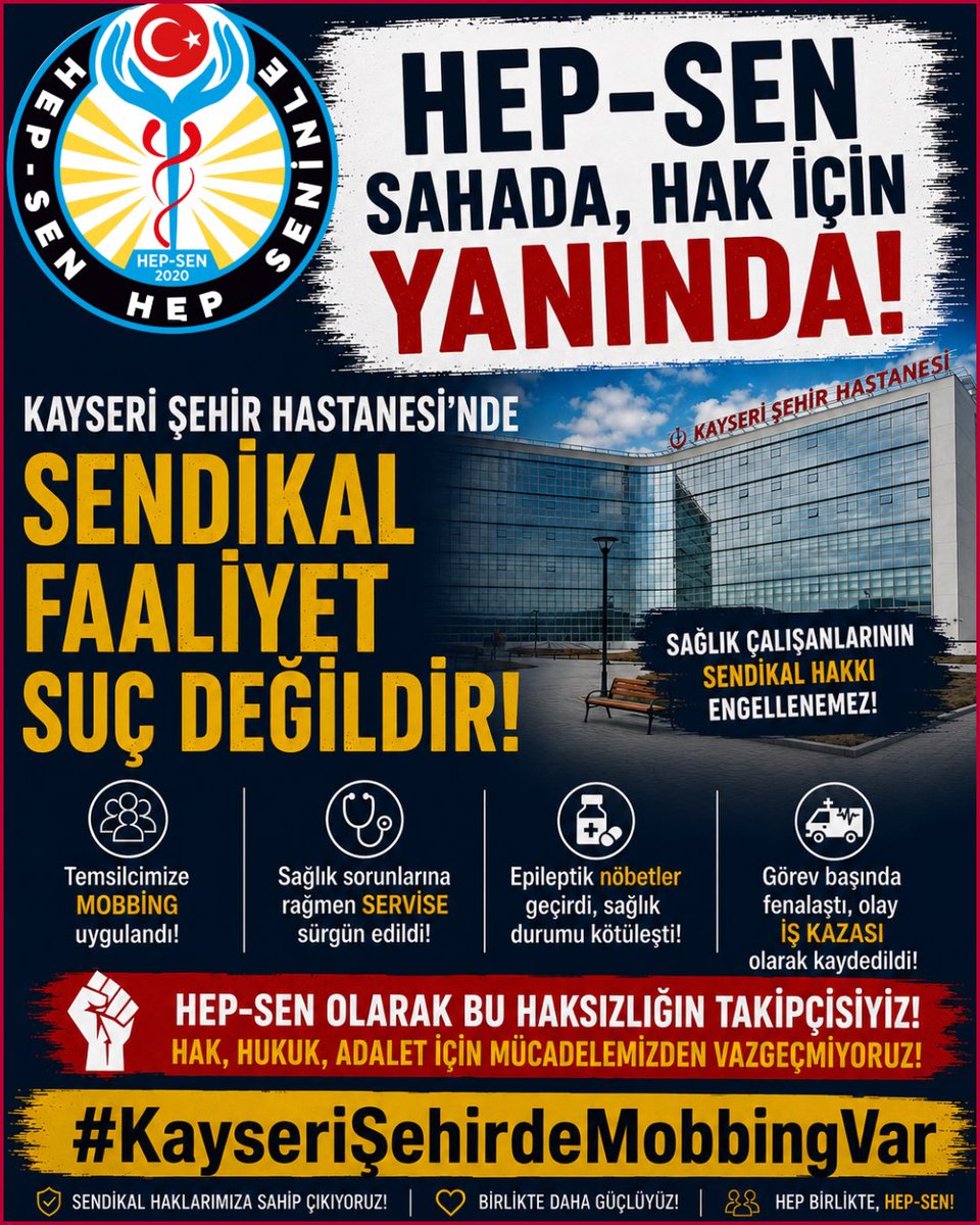 hepsen_2020's tweet photo. Sendikal haklar engellenemez, emek susturulamaz!

Sağlık çalışanlarının anayasal ve yasal sendikal haklarını kullanmaları nedeniyle baskıya, mobbinge ve haksız uygulamalara maruz bırakılması kabul edilemez.

HEP-SEN olarak; hukukun, adaletin, çalışma barışının ve sağlık emekçilerinin onurlu mücadelesinin yanında olmaya devam edeceğiz.

Sesimizi yükseltelim, hakkımızı alalım! 

#KayseriŞehirdeMobbingVar 

@drmemisoglu @saglikbakanligi 
@sagliklicozum @kayserivaliligi @gokmen_cicek_ @kayseriism @Dr_Mehmet_Ersan @kayserihastane @KayseriOlay @kaytvkayseri @HunatTV @kayseritelgraf @kayserianadolu @KayseriilkHaber