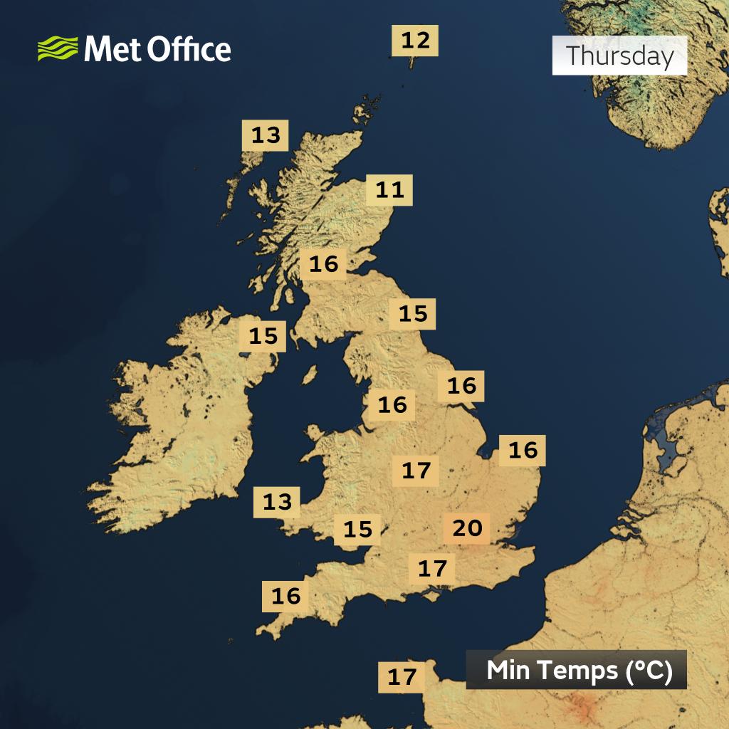 metoffice's tweet photo. The warm nights are back 🌡️

Some areas may not drop below 19–21°C, bringing the chance of a tropical night (where temperatures stay at or above 20°C overnight)

So far this year, the most widespread event was in late June when 105 sites remained above 20°C https://t.co/rcll9vziCV