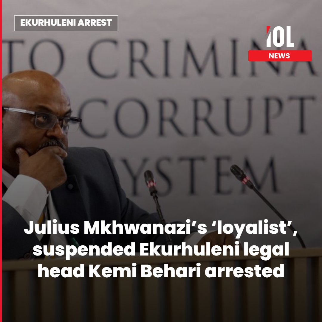 IOL's tweet photo. Suspended Ekurhuleni head of legal services, Kemi Behari, described as a loyalist of suspended EMPD acting chief Julius Mkhwanazi, has been arrested by the Political Killings Task Team following allegations of shielding Mkhwanazi from disciplinary action.
Read on https://t.co/rrVPljcMra
#KemiBehari #Ekurhuleni #MadlangaCommission