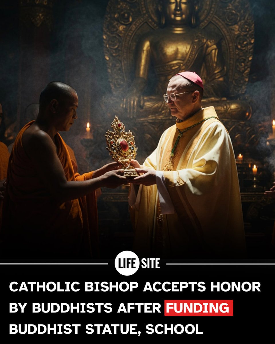 LifeSite's tweet photo. SCANDALOUS! Catholic bishop receives senior honorary award from Buddhists during pagan ceremony.

Bishop Olivier Schmitthaeusler helped fund the construction of a Buddha statue, a pagoda, and a Buddhist school in Cambodia.

https://t.co/60x0d0vpJW https://t.co/TzAaRHIEUr