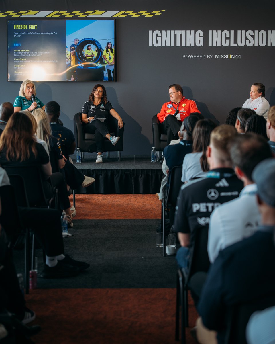 mission44's tweet photo. A week ago today, we were delighted to host the Igniting Inclusion Summit at Silverstone, in collaboration with @F1, bringing together F1 teams, young people and Mission 44 partners to discuss the steps being taken to make the sport more inclusive, and what more needs to be done to drive change.

Alongside representatives from F1 teams, the Igniting Inclusion Summit included a keynote speech from our CEO @Jason_Arthur and a fascinating discussion between our Motorsport Scholarship alum and current @redbullracing engineer Lily Owuye, Head of Employee Experience at @redbullracing, Claire Chan, and Prof. Gordana Collier from @oxford_brookes University.

There was also a special fireside chat, hosted by @F1’s Head of ESG Ellen Jones, alongside @ScuderiaFerrari’s Dennis de Munck, @MercedesAMGF1's Hiran Odedra, and @AstonMartinF1’s Debbie Wall. The conversation explored some of the opportunities F1’s DEI Charter has offered, as well as an honest and solutions-focused reflection on some of the challenges of delivery.

Held five years after the Hamilton Commission’s landmark report ‘Accelerating Change’ was published, the summit - which was also attended and supported by @AlpineF1Team, @audif1_, @Cadillac_F1, @McLarenF1, @WilliamsF1, @HaasF1Team and @visacashapprb - marked a key moment in building a more inclusive motorsport industry, ensuring talented young people from all backgrounds can access and thrive in the sport.

Since its launch in July 2021, F1 teams and partners have made strong progress in raising awareness, inspiring young people and widening access. The next phase will focus on retaining talent and creating more opportunities for teams and stakeholders to collaborate effectively.

Find out more about the day here: https://t.co/PkDJKDbuGC