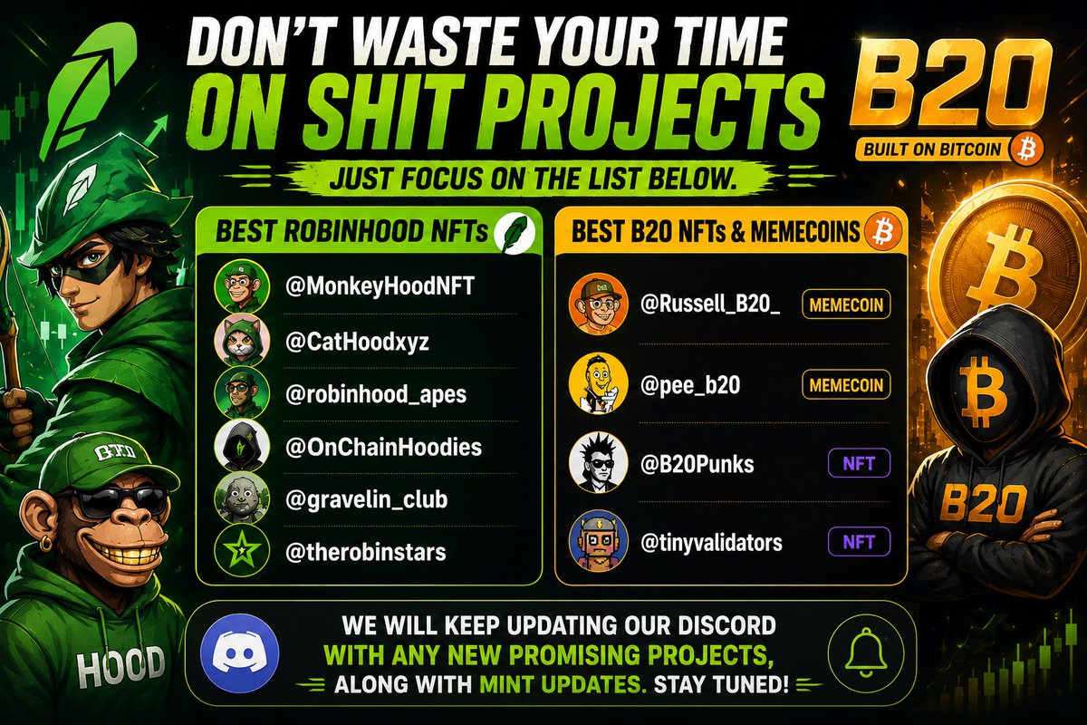 real_alpha's tweet photo. Don't waste your time on random Robinhood & B20 projects. Just focus on the list below.

Best Robinhood NFTs:

@MonkeyHoodNFT
@CatHoodxyz
@robinhood_apes
@OnChainHoodies
@gravelin_club
@therobinstars

Best B20 NFTs & Memecoins:

@Russell_B20_ — Memecoin
@pee_b20 — Memecoin
@B20Punks — NFT
@tinyvalidators — NFT

We'll keep updating our Discord with any new good projects, along with mint updates. Stay tuned.

Dyor Nfa!
