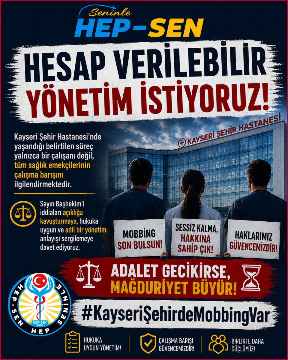 hepsen_2020's tweet photo. Hesap Verilebilir Yönetim İstiyoruz!

Kayseri Şehir Hastanesi’nde yaşandığı belirtilen süreç yalnızca bir çalışanı değil, tüm sağlık emekçilerinin çalışma barışını ilgilendirmektedir. Sayın Başhekim’i iddiaları açıklığa kavuşturmaya, hukuka uygun ve adil bir yönetim anlayışı sergilemeye davet ediyoruz.

Adalet gecikirse, mağduriyet büyür!

#KayseriŞehirdeMobbingVar

@drmemisoglu @saglikbakanligi 
@sagliklicozum @kayserivaliligi @gokmen_cicek_ @kayseriism @Dr_Mehmet_Ersan @kayserihastane @KayseriOlay @kaytvkayseri @HunatTV @kayseritelgraf @kayserianadolu @KayseriilkHaber