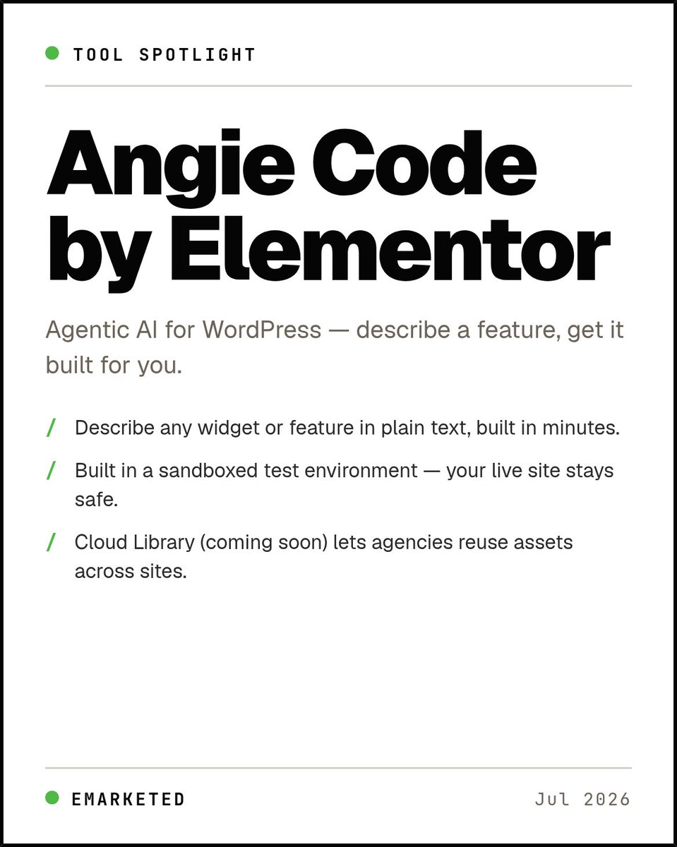 emarketed's tweet photo. Angie Code by Elementor lets you describe a feature in plain text and watch it get built — sandboxed, so your live site stays safe. Emarketed has 15+ years on WordPress. This is the kind of tool we pay attention to. #WordPress #Elementor https://t.co/iaoq4cgwsD