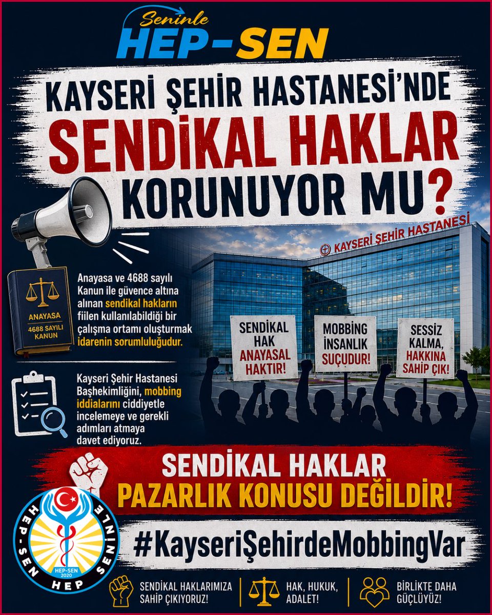 hepsen_2020's tweet photo. Kayseri Şehir Hastanesi’nde Sendikal Haklar Korunuyor mu?

Anayasa ve 4688 sayılı Kanun ile güvence altına alınan sendikal hakların fiilen kullanılabildiği bir çalışma ortamı oluşturmak idarenin sorumluluğudur. Kayseri Şehir Hastanesi Başhekimliğini, mobbing iddialarını ciddiyetle incelemeye ve gerekli adımları atmaya davet ediyoruz.

Sendikal haklar pazarlık konusu değildir!

#KayseriŞehirdeMobbingVar

@drmemisoglu @saglikbakanligi 
@sagliklicozum @kayserivaliligi @gokmen_cicek_ @kayseriism @Dr_Mehmet_Ersan @kayserihastane @KayseriOlay @kaytvkayseri @HunatTV @kayseritelgraf @kayserianadolu @KayseriilkHaber