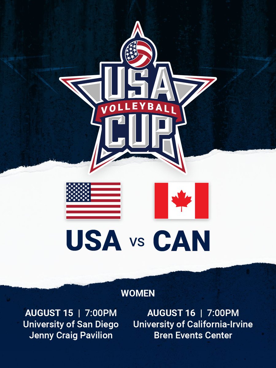 usavolleyball's tweet photo. 🏐 The U.S. Women's National Team is coming back to home soil.
Watch the U.S. take on Canada at the USAV Cup, August 15-16 in San Diego and Irvine. Don't miss your chance to experience world-class volleyball.
🎟️ Tickets are on sale now!
More info: https://t.co/SQ4WCuWBde https://t.co/7aoZVHmrzl