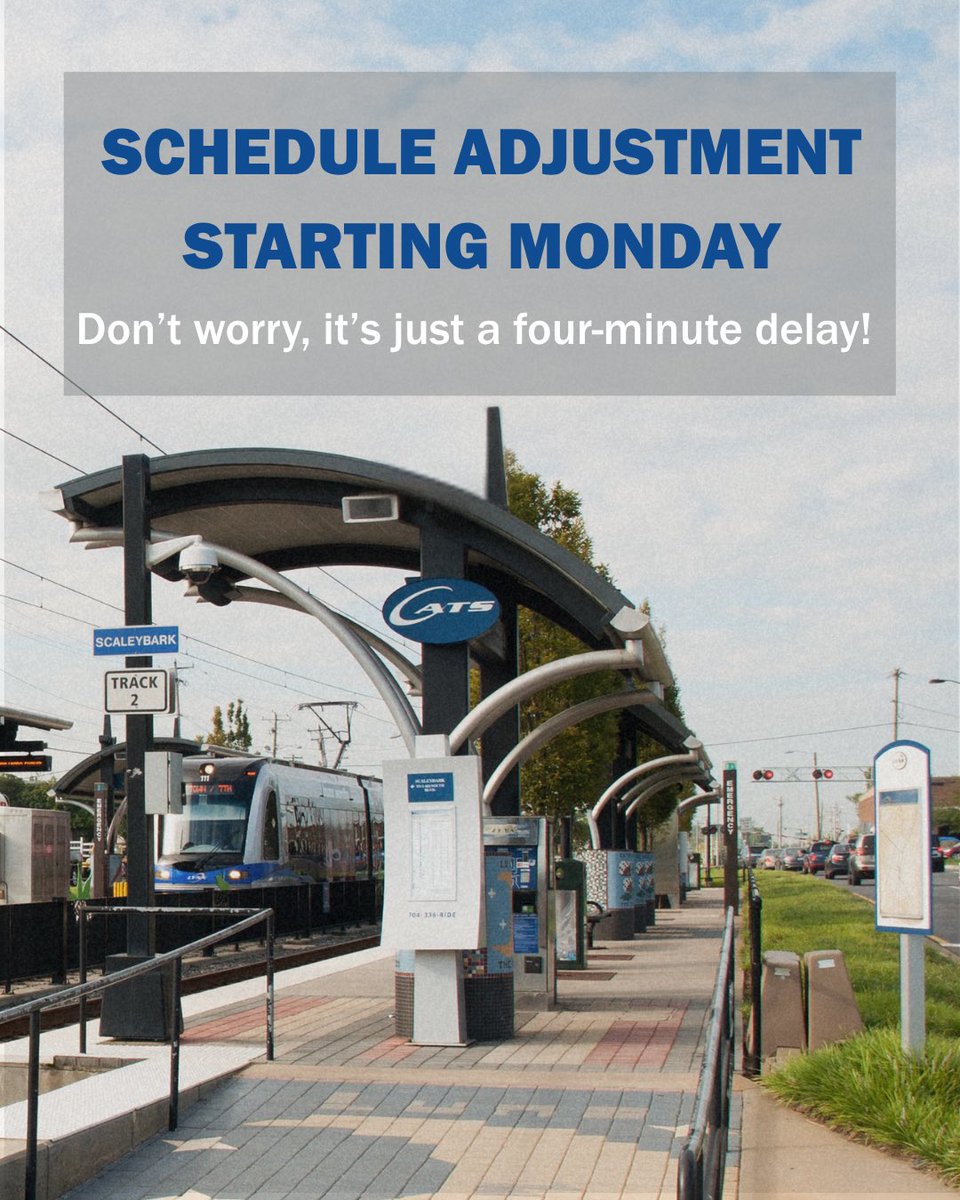 CATSRideTransit's tweet photo. Customers should expect service adjustments during peak service times on the Blue Line between July 13-Aug. 9 to support single-tracking operations while we make repairs along the corridor.  No major delays are anticipated for this project, but be sure to check the CATS-Pass app to confirm your ride time.

Customers boarding at Archdale, Tyvola, Woodlawn and Scaleybark Stations should follow directional signage for the appropriate boarding platform.