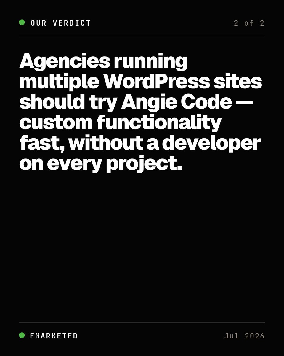 emarketed's tweet photo. Angie Code by Elementor lets you describe a feature in plain text and watch it get built — sandboxed, so your live site stays safe. Emarketed has 15+ years on WordPress. This is the kind of tool we pay attention to. #WordPress #Elementor https://t.co/iaoq4cgwsD