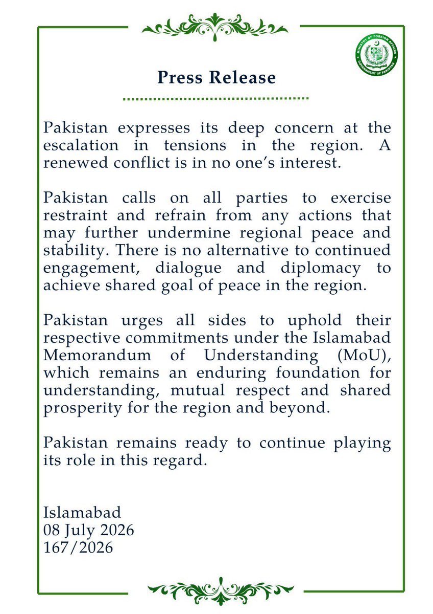 Pakistan Warns Escalation in US-Iran Tensions Threatens Regional Stability, Urges Return to Diplomacy
