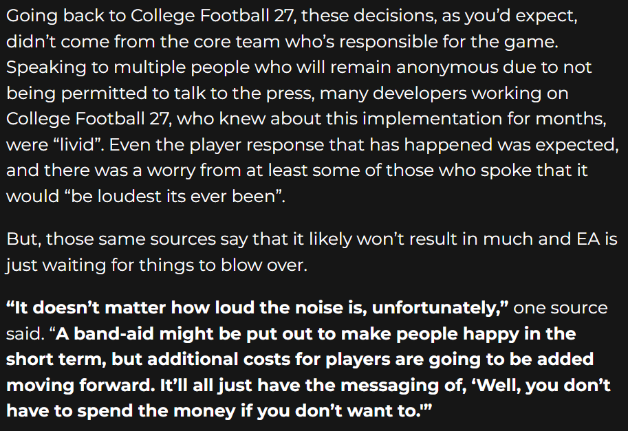 ThreeTechPod's tweet photo. The nail in the coffin. @MikeStrawMedia writes that the suits at EA (not the devs) believe this will eventually blow over. 

They think they can brute force consumers into accepting a new norm. Time to prove them wrong. I'll never buy another EA title again. #CFBplaydontpay https://t.co/rzhcmm0TW7