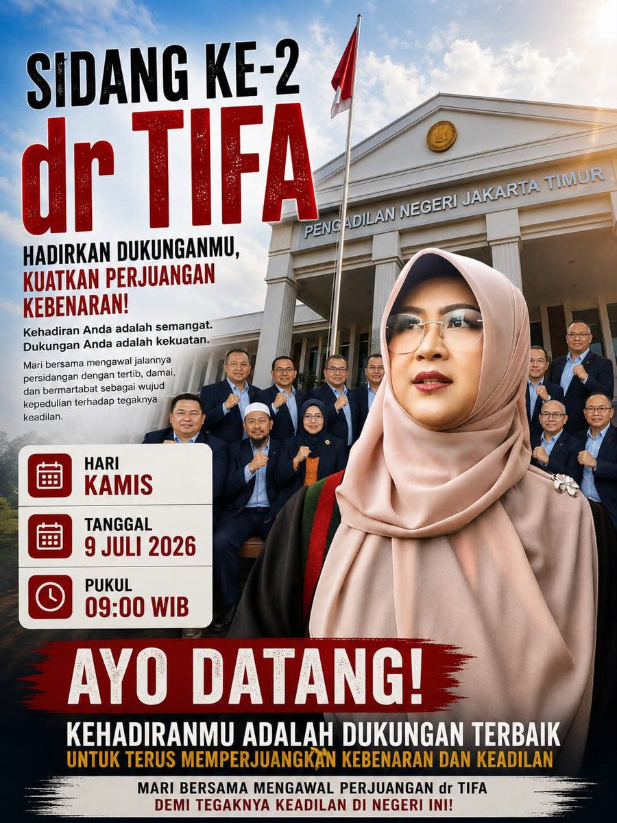 DokterTifa's tweet photo. SIDANG KE-2 DR TIFA
Kamis 9 Juli 2026
PN Jakarta Timur 09.00 WIB

Agenda besok: 
DR TIFA mengajukan 
NOTA PERLAWANAN

Seandainya besok Pak Jokowi yang malam ini ada di Jakarta, jika mau mampir ke PN Jaktim, akan ada di kursi Penonton.  Belum waktunya untuk duduk sebagai Saksi. 

Jadi jangan kemudian Termul  dibilang: kan Pak Jokowi sudah hadir di Pengadilan? 

Lho ngga bisa. Kalau besok datang, beliau penonton, belum waktunya datang. Belum waktunya ditanya-tanya 25 Advokat saya yang kata bang Hotman: galak-galak.