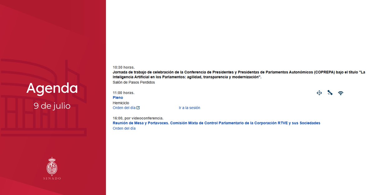 Senadoesp's tweet photo. 👉Agenda del #Senado para mañana #9Julio:

➡️ Jornada de trabajo de celebración de la Conferencia de Presidentes y Presidentas de Parlamentos Autonómicos (@Coprepa)
➡️ Pleno 
➡️ Actividad de #Comisiones

📄 https://t.co/DALV0EK2Fu https://t.co/6pV7rKO8fa