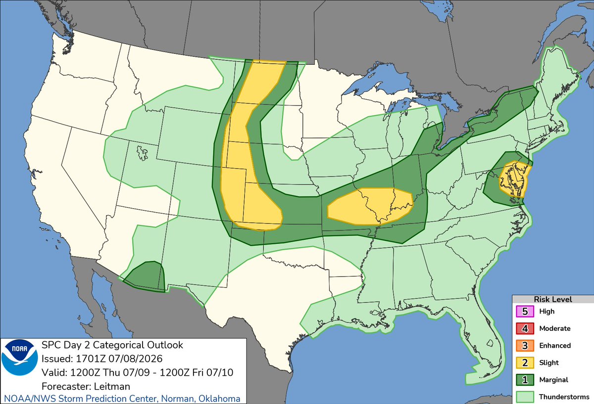 NWSSPC's tweet photo. 12:03pm CDT #SPC Day2 Outlook Slight Risk: across the parts of the northern and central Plains, the Lower MO and OH Valleys, and the Mid-Atlantic https://t.co/Y1WiOd8m1i https://t.co/4m2pPEUVc2