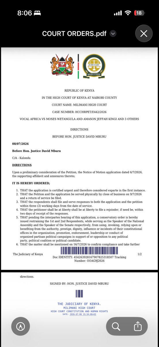 eyanm's tweet photo. Dear @HonWetangula &amp; @HonAmasonKingi please see the court orders attached. My office will serve the pleadings in person by morning. A soft copy is on your emails. https://t.co/F5XQ85Mlgv