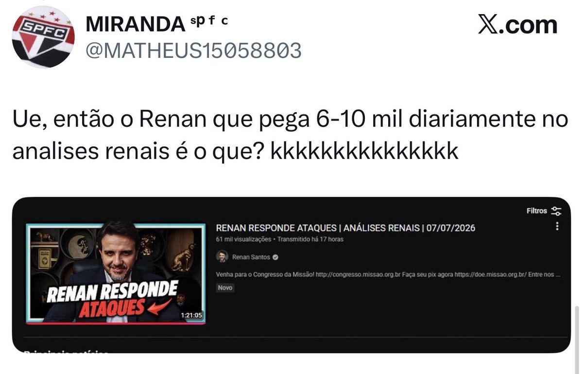 ojuniorjapa's tweet photo. “Ainnnn o Renan pega 6-10 mil diariamente”

Exatamente o “diariamente” é o X da questão cara pálida, Flávio quase nunca faz live, fez uma live sem data marcada e ainda assim colocou mais da metade da audiência do PSOL kids que faz TODO DIA e tem uma “audiência” cativa seus jumentos.

Quando falo que não dá pra levar a sério os argumentos do PSOL Kids é por essas e outras, é muita burrice.