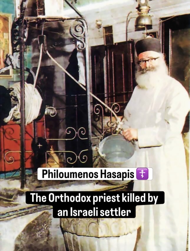 doctor_rahmeh's tweet photo. In 1979, an 'israeli' jewish settler brutally murdered Orthodox priest Philoumenos Hasapis using an axe.

Hasapis 🇵🇸🇬🇷 (1913–1979) was a Greek Orthodox archimandrite and the guardian of Jacob's Well in Nablus, occupied West Bank.

A jewish settler entered the monastery on 29 November and attacked him after demanding the removal of Christian symbols from the church. 

Father Philoumenos refused to abandon his post or desecrate the holy site, and he was killed in the assault.

He was later canonized by the Greek Orthodox Patriarchate of Jerusalem and is honoured as a martyr and saint in the Eastern Orthodox Church.

From: forgotten_christians (ig),
https://t.co/nMvWG7N1aM