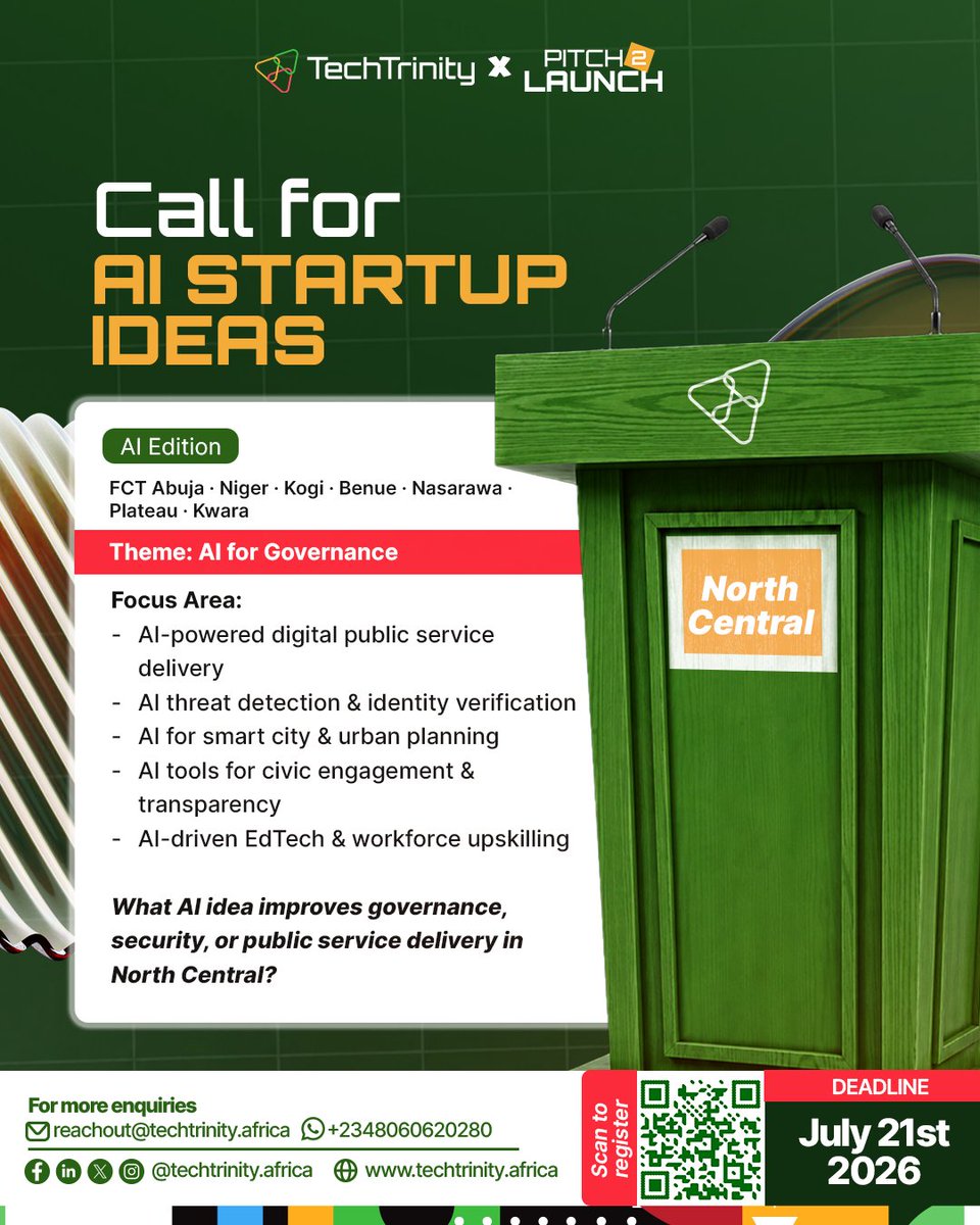 _techtrinity's tweet photo. TechTrinity × Pitch2Launch

Call for AI Startup Ideas
What can AI solve where you are? Every region of Nigeria has a problem worth building an AI solution for — this is the call to bring yours forward.

Submission Deadline: July 21st, 2026 
Link: https://t.co/UYSsuHopzz https://t.co/PUySJmcg9l