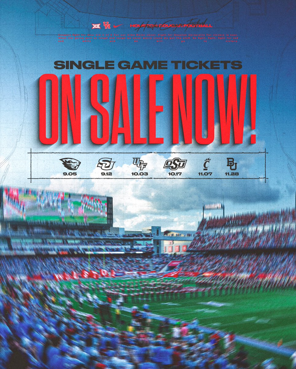 UHCougarFB's tweet photo. Single-Game tickets are on sale NOW!! Which game will we see you at?

🎟️: https://t.co/uc0i5gecpy https://t.co/oYPjjMDrBW
