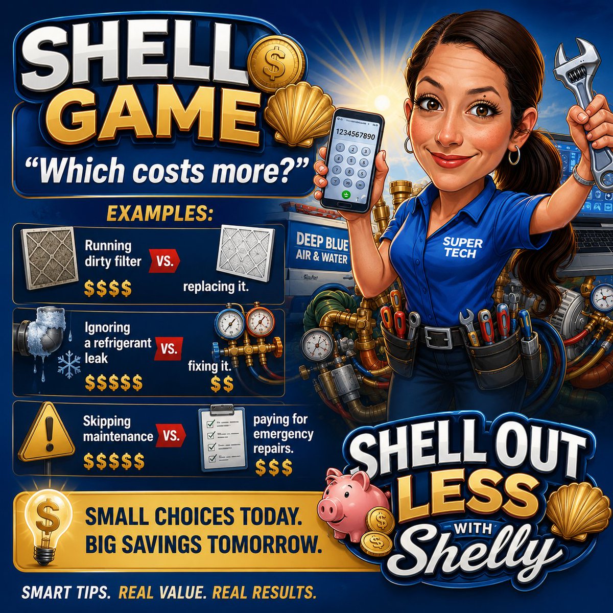 DeepBlueAirInc's tweet photo. SHELL GAME: Which Costs More?
Everyone loves saving money, but sometimes the most expensive decision is doing nothing at all. Which costs more? A $15-$30 air filter or a clogged system that can increase your energy bill by 5-15% &amp; put unnecessary strain on your blower motor? https://t.co/x1dlqzG9r9
