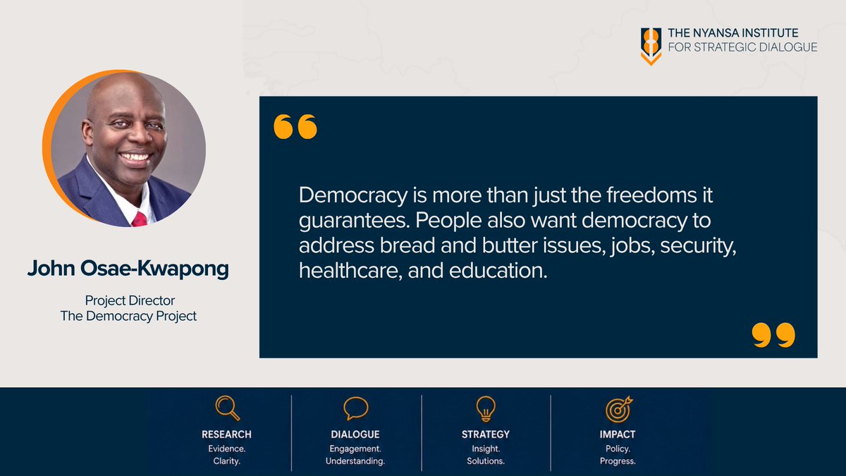 Nyansainstitute's tweet photo. At our recent Nyansa Dialogue Series, Dr. John Osae-Kwapong explains what democracy should deliver for ordinary citizens.

Watch the event here: https://t.co/e7QQlotvmD

Visit our website for more: https://t.co/HQOK7K6lJF

#NyansaDialogue https://t.co/v0wQPiyZrk