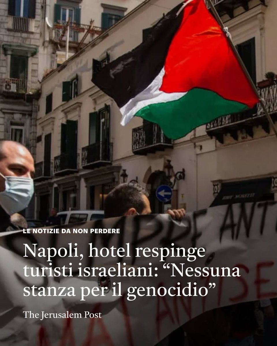 Maumol's tweet photo. Una turista israeliana ha ricevuto un'email da un hotel che aveva prenotato a Napoli, con cui è stata informata che la struttura aderiva alla campagna "No Room for Genocide" del movimento BDS Italia

🔴 Per altre notizie abbonati al mio profilo https://t.co/K2OKigEYEu https://t.co/hP9NULhI38