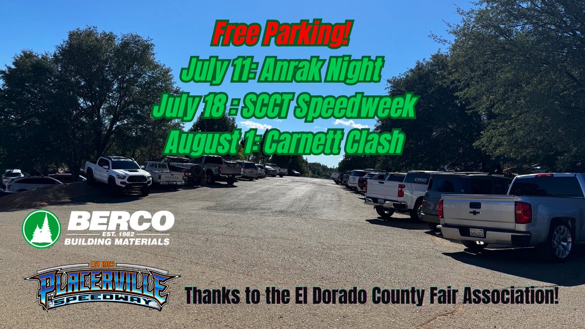 pvillespeedway's tweet photo. This Saturday begins our stretch of free parking thanks to the El Dorado County Fair Association!

Adult tickets for Anrak Night cost just $18 at the gate. 

Presale tickets are also available via https://t.co/AnlsmTQok0 https://t.co/Tm7fW7ooul