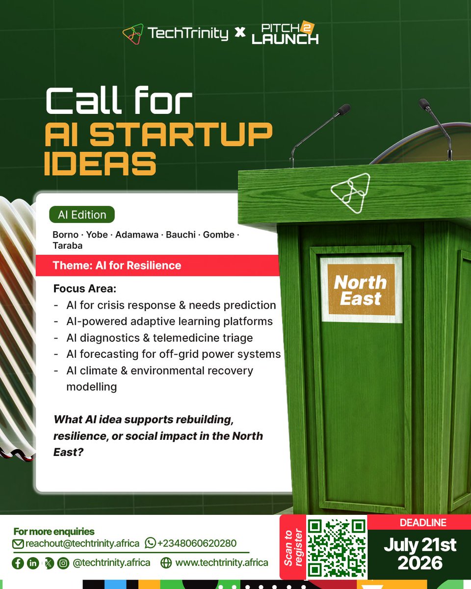 _techtrinity's tweet photo. TechTrinity × Pitch2Launch

Call for AI Startup Ideas
What can AI solve where you are? Every region of Nigeria has a problem worth building an AI solution for — this is the call to bring yours forward.

Submission Deadline: July 21st, 2026 
Link: https://t.co/UYSsuHoXp7 https://t.co/KITZld0wEJ